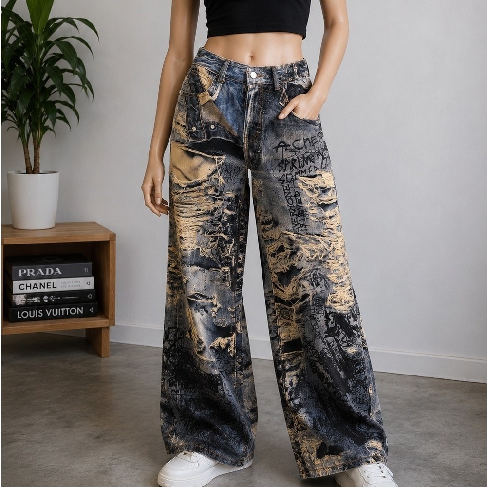 Unbranded Womens Jeans Blue Graffiti Print Distressed Streetwear 2XL